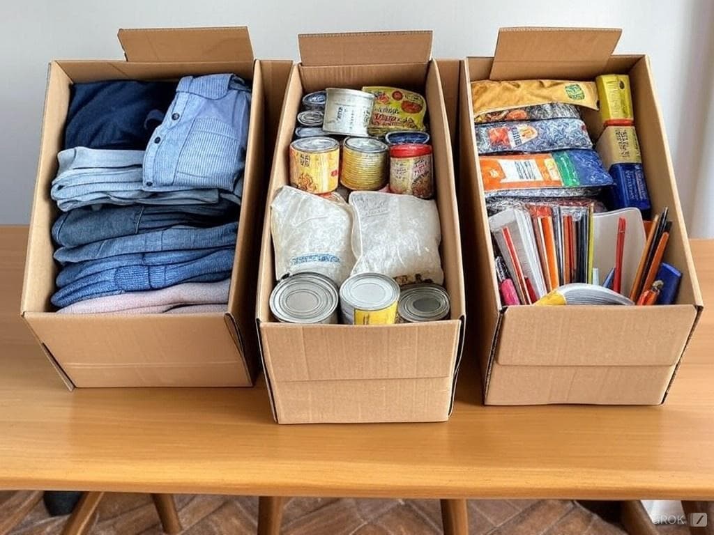 Three boxes of donations, with clothes, food and stationery supplies