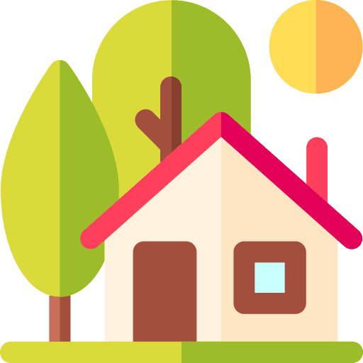 Illustration of a cozy house with a red roof, surrounded by trees and sunlight