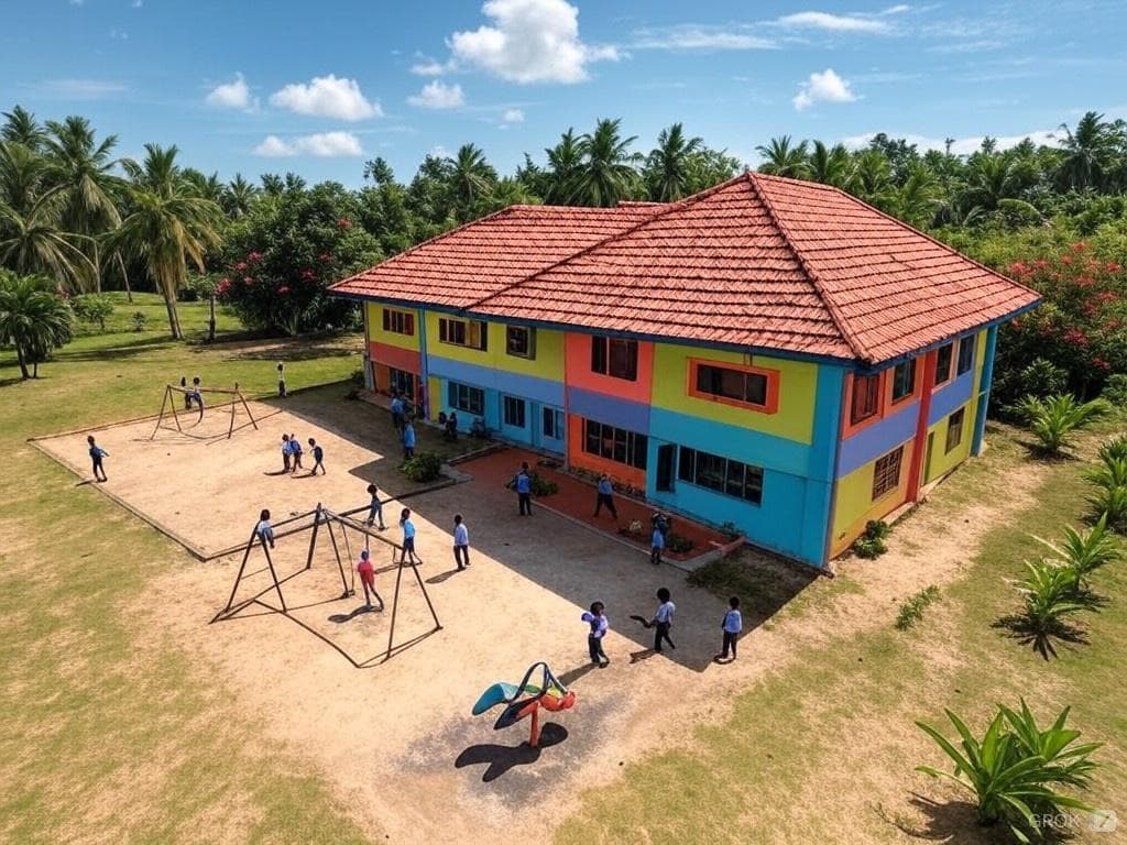 An aerial view of a children's home, with a playground in front of it, where children are playing