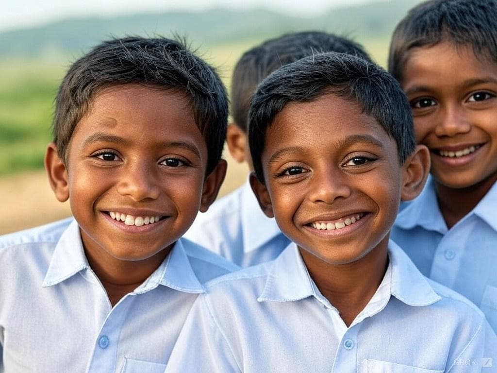 Children in school uniforms smiling at the camera